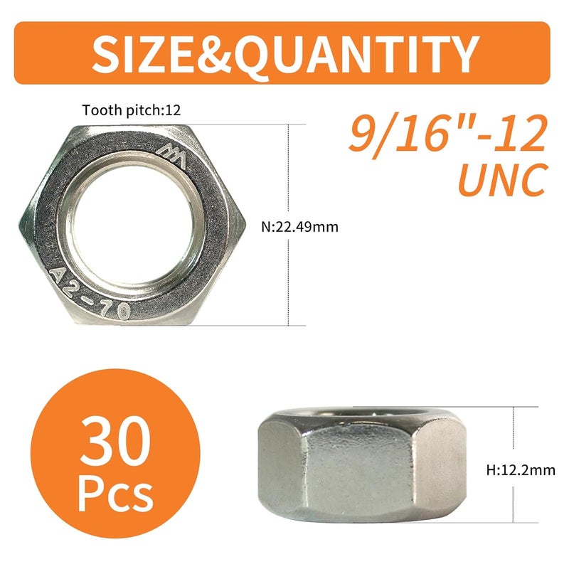 HXCOMET Store 9/16"-12 Hex Nuts (30pcs), 304 Stainless Steel (18-8), Hardware, UNC, Coarse Thread - Image 2